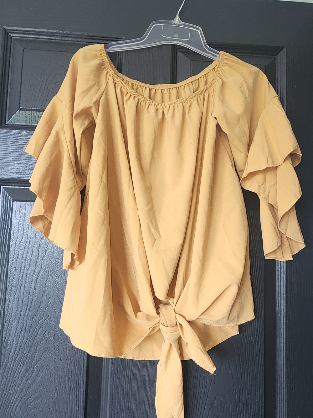 Mustard Tie-Front Ruffle Sleeve Women's Top